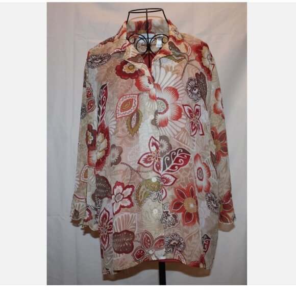 Alfred Dunner Floral Lined Blouse Sz 12 Button Front Shirt White Brown Top - Picture 1 of 4